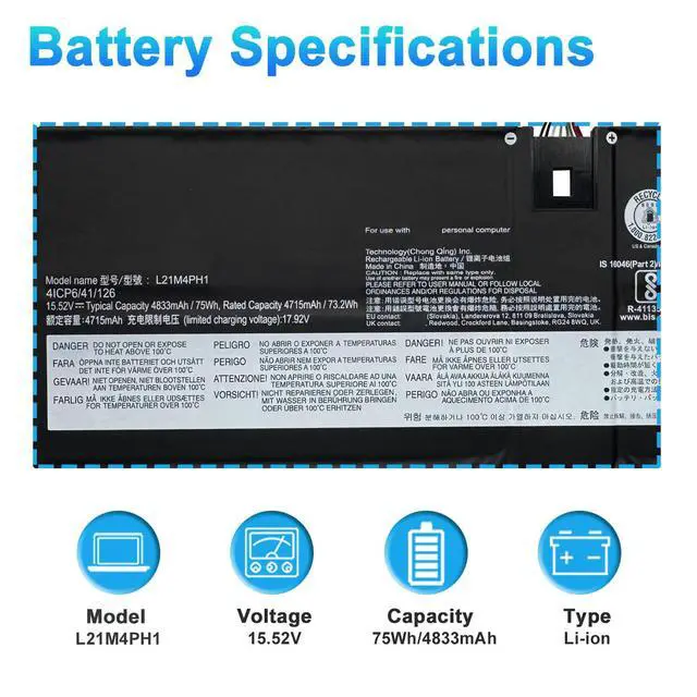 Alt view image 2 of 6 - 75Wh L21M4PH1 L21C4PH1 Laptop Battery Replacement for Lenovo Yoga Slim 9-14IAP7 82T0, Yoga Slim 9-14IAP7 82T1 Series L21B4PH1 L21C4PH1 SB11F35902 4833mAh 4-Cell