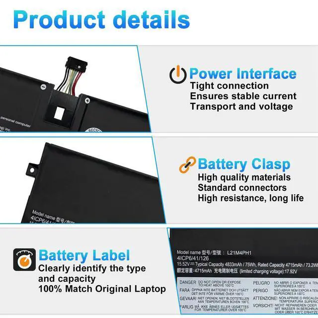 Alt view image 3 of 6 - 75Wh L21M4PH1 L21C4PH1 Laptop Battery Replacement for Lenovo Yoga Slim 9-14IAP7 82T0, Yoga Slim 9-14IAP7 82T1 Series L21B4PH1 L21C4PH1 SB11F35902 4833mAh 4-Cell