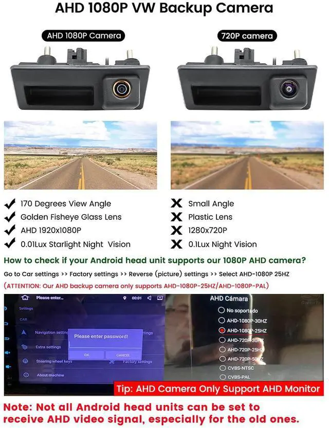 Alt view image 2 of 6 - AHD 1080P Backup Camera, Car Reverse Camera for Audi A4L A5 A3 Q3 Q5 RS6 for VW Passat Tiguan Jetta Touareg Skoda, ONLY Work with Monitor Radio Head Unit Supporting AHD 1080P Video Signal