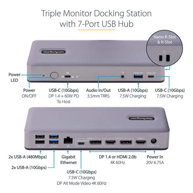 Alt view image 4 of 6 - StarTech USB-C Triple 4K30/Dual 4K60 Dock with 7-Port Hub, 60W, WWCB, GbE | Triple-Monitor, Chromebook, Thunderbolt 4, ChromeOS Enterprise, 3.5mm audio, K-Slot, Nano-Slot, mounting holes