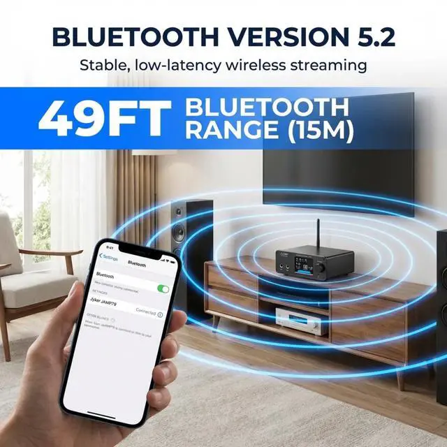 Alt view image 6 of 6 - Hi-Fi DAC Stereo Amplifier w/Bluetooth 5.2-2 Channel Class D TPA3116 x2 ES9023 Audio Amp for Passive Speakers, AUX/SUB Outputs, Opt/USB/MIC/RCA Inputs, Bass Treble Echo, Colored LCD (400, Watts)