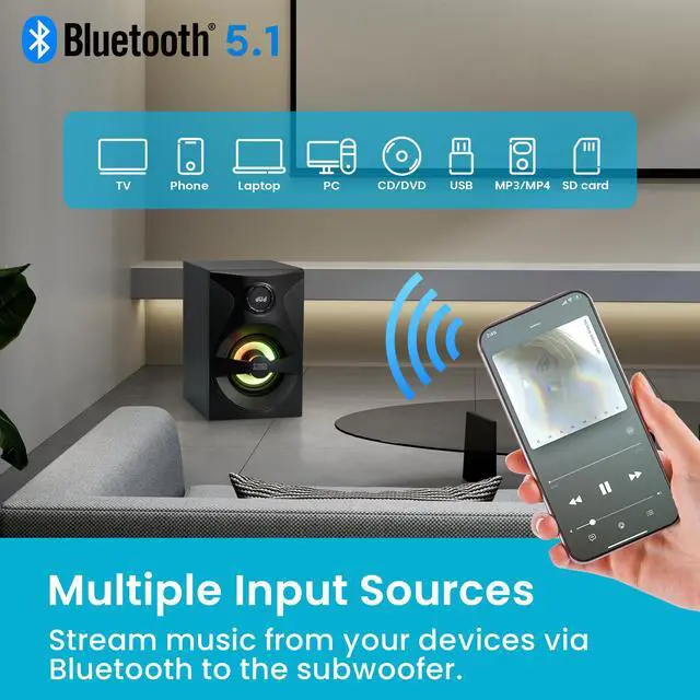 Alt view image 6 of 6 - Goldwood Bluetooth 5.1 Surround Sound Home Theater Speaker System with LED Display, FM Tuner, USB/SD Inputs - 6-Piece Set with Remote Control, Black