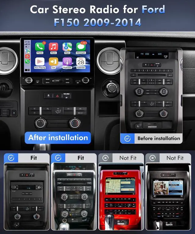 Alt view image 2 of 6 - 4 + 64GB Stereo Radio for Ford F150 2009 to 2014, Car Radio with Wireless CarPlay/Android Auto for F-150 Manual A/C, IPS Touchscreen Car Radio Player Supports DPS/Backup Camera/FM/SWC
