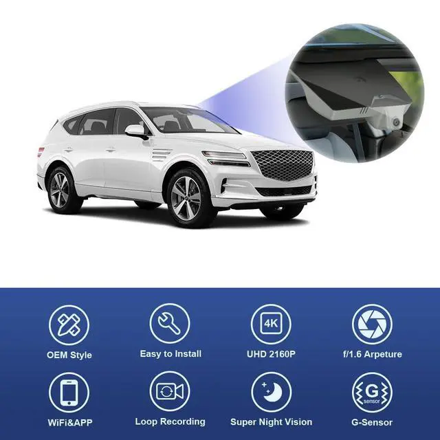 Alt view image 4 of 6 - 4K Dash Cam Suitable for Genesis GV80 2021-2025, Grey Color (HD2-T6010), Integrated OEM Look, UHD 2160P Video, Built-in WiFi & APP, Loop Recording, Collision Detection, Plug & Play, 64GB Card