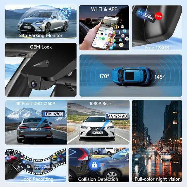 Alt view image 3 of 6 - 4K+1080P Dash Cam Front and Rear for Lexus ES 2019-2026 ES350 ES300h F Sport ES250 etc., OEM Look,Free 128GB SD Card, Dash Cam with WiFi & APP, Loop Recording, G-Sensor, Plug & Play Dashcam