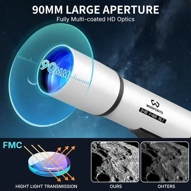 Alt view image 2 of 6 - Telescope for Adults High Powered, 90mm Aperture 600mm Astronomy Portable Professional Refractor Telescope for Beginners, Magnification 180X, with Adjustable Tripod, Phone Adapter, Carry Bag