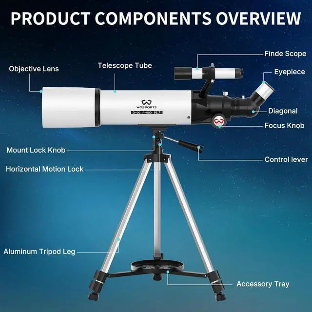 Alt view image 6 of 6 - Telescope for Adults High Powered, 90mm Aperture 600mm Astronomy Portable Professional Refractor Telescope for Beginners, Magnification 180X, with Adjustable Tripod, Phone Adapter, Carry Bag