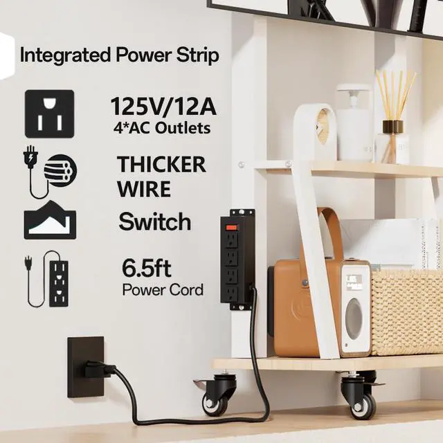 Alt view image 2 of 6 - Mobile TV Stand with Power Outlet, Wood Shelf Portable TV Stand on Wheels for 32 to 55 65 70 75 inch Television, Height Adjustable White TV Cart, Holds up to 130LBS, Vesa 600×400mm