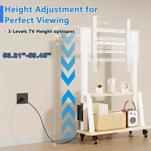 Alt view image 4 of 6 - Mobile TV Stand with Power Outlet, Wood Shelf Portable TV Stand on Wheels for 32 to 55 65 70 75 inch Television, Height Adjustable White TV Cart, Holds up to 130LBS, Vesa 600×400mm