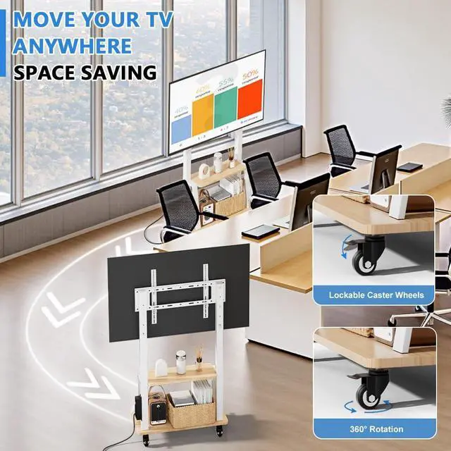 Alt view image 6 of 6 - Mobile TV Stand with Power Outlet, Wood Shelf Portable TV Stand on Wheels for 32 to 55 65 70 75 inch Television, Height Adjustable White TV Cart, Holds up to 130LBS, Vesa 600×400mm