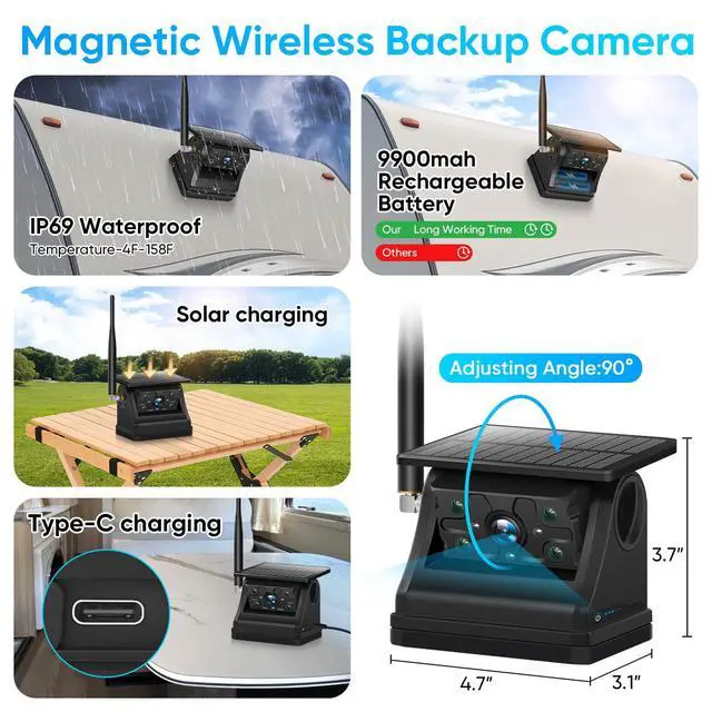 Alt view image 4 of 6 - Solar Wireless Magnetic Backup Camera, 9900mAh Battery Powered Rechargeable IP69 Waterproof HD Back Up Rear View Remote Control Camera with 7 Inch 1080P Monitor System for Car Truck Trailer RV VN003