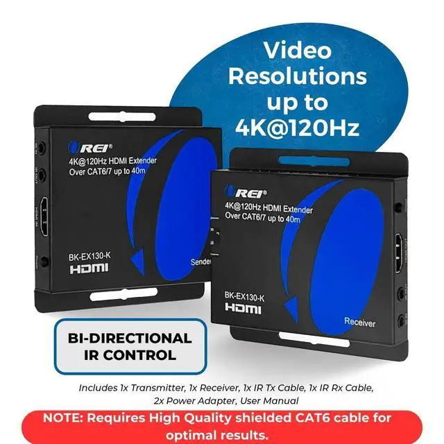 Alt view image 2 of 6 - 4K@120hz HDMI Over Ethernet Extender Balun UltraHD 4:4:4 Over Single CAT6/7 Cable with HDR, & Bi Directional IR Control - Up to 130 Ft with CAT6/7 Audio L/R Out (BK-EX130-K), Black | 4K 120 HDMI Over