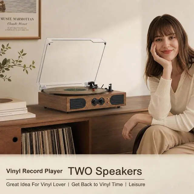 Alt view image 4 of 6 - Vinyl Record Player, Vintage Walnut, Built-in Speakers, 3-Speed Belt-Drive Turntable for Beginners, Easy Plug & Play Setup,Vintage Style Record Player Gift