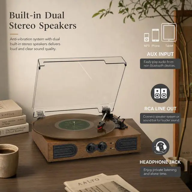 Alt view image 5 of 6 - Vinyl Record Player, Vintage Walnut, Built-in Speakers, 3-Speed Belt-Drive Turntable for Beginners, Easy Plug & Play Setup,Vintage Style Record Player Gift