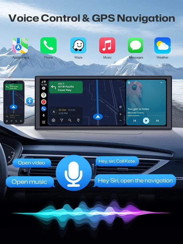Alt view image 3 of 6 - V2 10.3 Inch Wireless CarPlay & Android Auto HD IPS Touch Screen 1920x720, Universal Fit, Plug and Play, Mirror Link, GPS, Loop Recording, Siri & Google Assistant, Adjustable Magic Stand