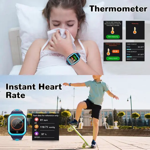 Alt view image 3 of 6 - Wonlex 4G Kids Smartwatch with SIM Card, 1.4" GPS Smart Watch for Kids, Boys Girls Phone Watch with Temperature HR BP Monitor, Video Calls, SOS, Camera, Pedometer, Alarm, Music Player(Blue)