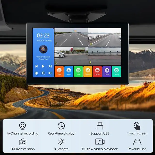 Alt view image 3 of 6 - 4 Channel 1080P DVR Backup Camera Monitor for Truck RV | 10.2-inch IPS HD touchscreen, built-in DVR record playback, Bluetooth FM radio, multi-media video player, 1080P video input