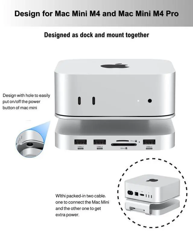 Alt view image 2 of 6 - Mac mini M4 Dock, Aluminum Stand and Hub for Mac mini M4 and M4 Pro 2024 with M.2 NVMe SSD Enclosure, 4K 60Hz HDMI, 2X USB-A 10Gbps, SD/TF Card Readers, USB 2.0 Data (MC60H)