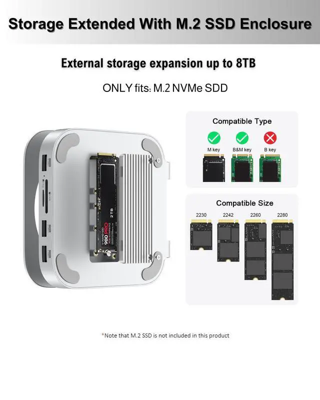 Alt view image 4 of 6 - Mac mini M4 Dock, Aluminum Stand and Hub for Mac mini M4 and M4 Pro 2024 with M.2 NVMe SSD Enclosure, 4K 60Hz HDMI, 2X USB-A 10Gbps, SD/TF Card Readers, USB 2.0 Data (MC60H)