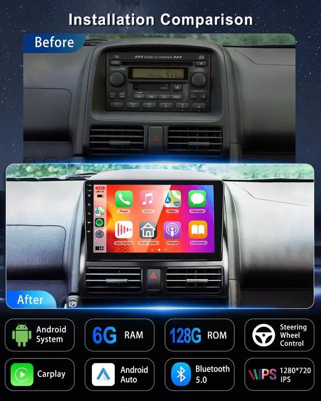 Alt view image 2 of 6 - 8Core 6G+128G Android 15 Car Radio for Honda CRV 2002-2006, Wireless Carplay Android Auto, 5GWIFI GPS, 9 inch IPS Touch Screen Radio Bluetooth 5.0, FM RDS SWC DSP AHD Backup Camera