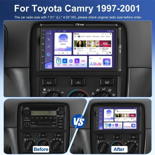 Alt view image 2 of 6 - 4+64G Car Stereo for Toyota Camry 1997-2001 with Carplay & Android Auto, Android 15 7 Inch Touch Screen Car Radio with Backup Camera, Bluetooth, GPS, FM/AM Radio