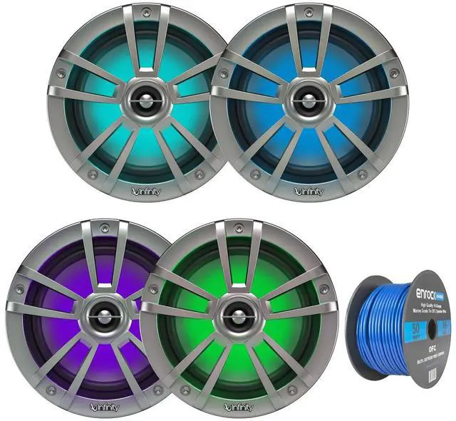 Main image of 4X Infinity Reference 6.5" Coaxial Waterproof Marine Boat LED Speakers - Titanium, with Enrock 16-G 50 Ft Tinned Wire