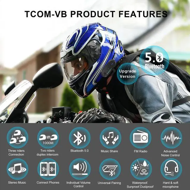 Alt view image 2 of 6 - Motorcycle Bluetooth Headset TCOM VB Motorcycle Helmet Speakers 3 Riders Paring 800M 2 Riders Talking Helmet Intercom for Motorbike/Universal Fitment/Music Sharing/FM/Hard&Soft Mic/2Pack