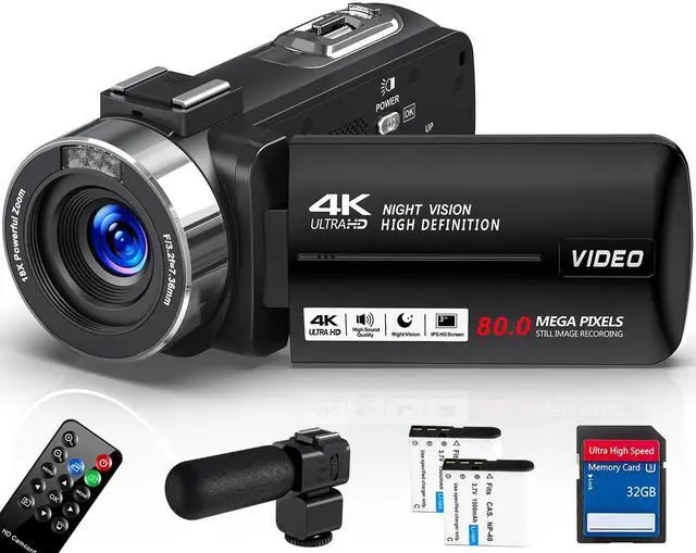 Main image of Camcorder Video Camera 4K Ultra 80MP Vlogging Camera for YouTube IR Night Vision Camera 18X Digital Zoom 3.0 IPS Screen Video Recorder with 32GB SD Card, 2 Batteries, Microphone and Remote Control