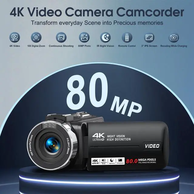 Alt view image 2 of 6 - Camcorder Video Camera 4K Ultra 80MP Vlogging Camera for YouTube IR Night Vision Camera 18X Digital Zoom 3.0 IPS Screen Video Recorder with 32GB SD Card, 2 Batteries, Microphone and Remote Control
