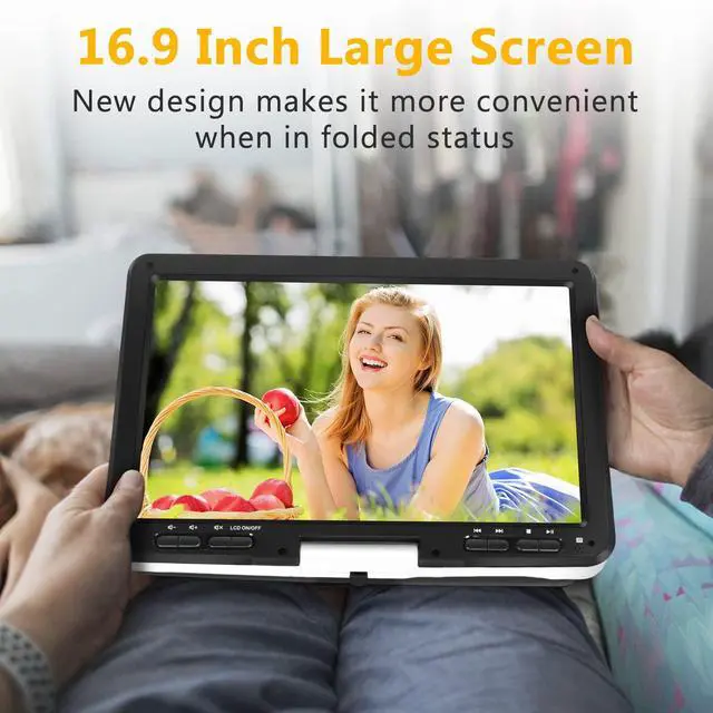 Alt view image 3 of 6 - 16.9'' Portable DVD Player with 6 Hrs Battery, 14.1'' HD Swivel Screen DVD Player Portable, New Screen Button Design, High Volume Speakers, Support Sync TV/Region Free/Multiple Discs, White