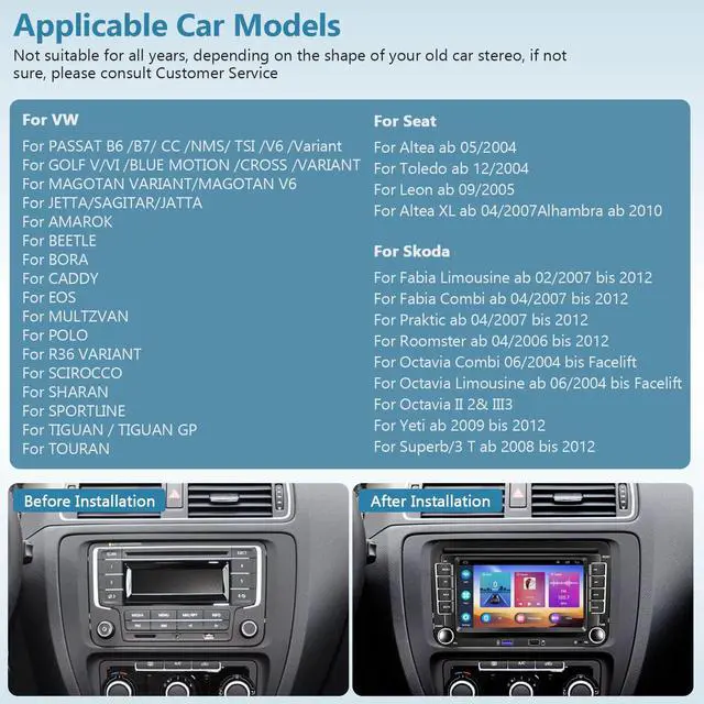 Alt view image 2 of 6 - 2G+64G Android for VW Jetta Seat Passat Tiguan CC Golf Skoda Double Din Car Stereo with Wireless Carplay/Android Auto 7 Inch HD Touchscreen Head Unit