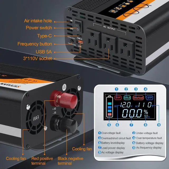 Alt view image 2 of 6 - 500W Pure Sine Wave Inverter, 12V/24V Auto-Detect, 50Hz/60Hz Switchable, LCD Display, Type-C Fast Charging, Silent Design, Overload & Overheat Protection for RV, Home