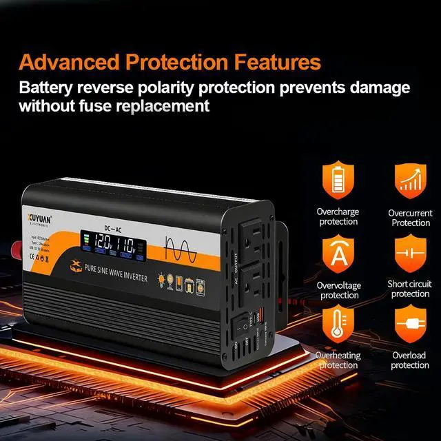 Alt view image 6 of 6 - 500W Pure Sine Wave Inverter, 12V/24V Auto-Detect, 50Hz/60Hz Switchable, LCD Display, Type-C Fast Charging, Silent Design, Overload & Overheat Protection for RV, Home