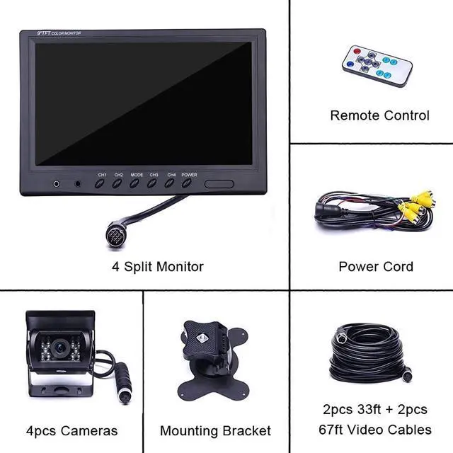 Alt view image 5 of 6 - Vehicle Backup Camera 9 Inch 4 Split Monitor+ 4 Cameras with Front & Rear View Camera 18 IR Night Vision Waterproof Auto Camera with 2x33 ft and 2x65 ft Cables for RV, Trailer, Bus,Trucks