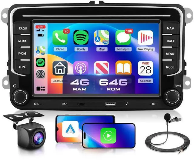 Main image of 4G+64G Car Radio Stereo for VW Jetta Tiguan Golf Passat MK5 MK6 Seat, 7inch IPS Touch Screen/USB Type-C/Android 15/Wireless CarPlay/Android Auto/DSP/GPS/WiFi/5.0Bluetooth/FM/SWC/AHD Backup Camera