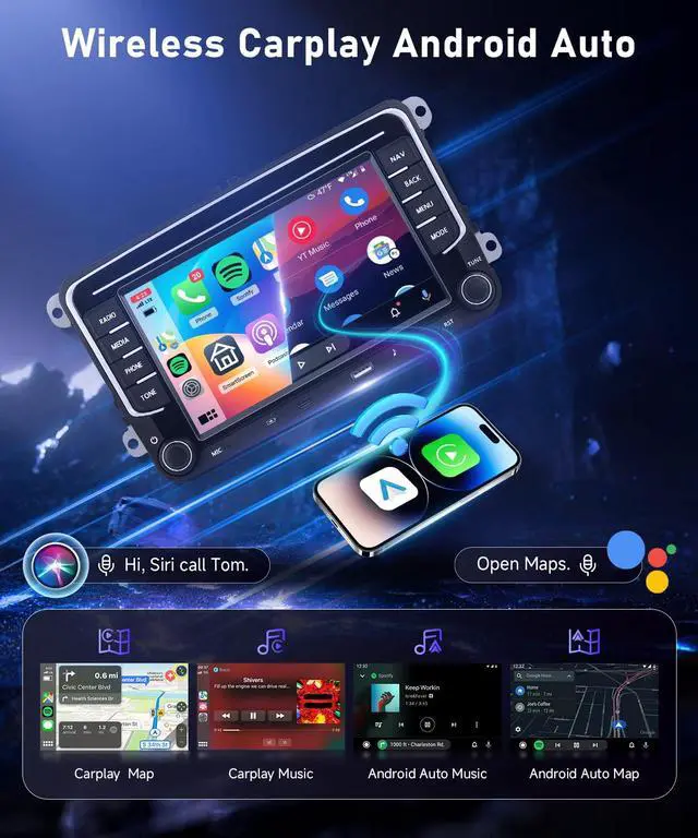 Alt view image 3 of 6 - 4G+64G Car Radio Stereo for VW Jetta Tiguan Golf Passat MK5 MK6 Seat, 7inch IPS Touch Screen/USB Type-C/Android 15/Wireless CarPlay/Android Auto/DSP/GPS/WiFi/5.0Bluetooth/FM/SWC/AHD Backup Camera