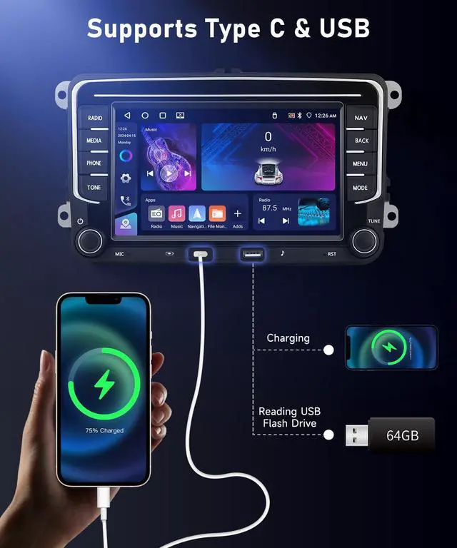 Alt view image 6 of 6 - 4G+64G Car Radio Stereo for VW Jetta Tiguan Golf Passat MK5 MK6 Seat, 7inch IPS Touch Screen/USB Type-C/Android 15/Wireless CarPlay/Android Auto/DSP/GPS/WiFi/5.0Bluetooth/FM/SWC/AHD Backup Camera