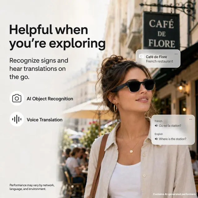 Alt view image 5 of 6 - AI Smart Camera Glasses with Sunglass Lenses, 8MP Hands-Free POV Photo & Video Recording, Object Recognition & Translation, Open-Ear Bluetooth Audio & Calls, IP65 for Outdoor Daily Wear