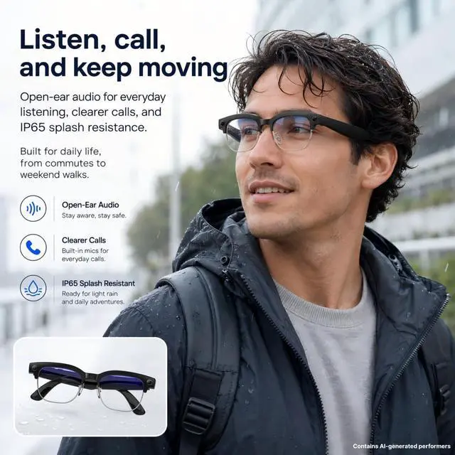Alt view image 6 of 6 - AI Smart Camera Glasses with Blue Light Lenses, 8MP Hands-Free POV Photo & Video Recording, Object Recognition & Translation, Open-Ear Bluetooth Audio & Calls, IP65 for Daily Wear