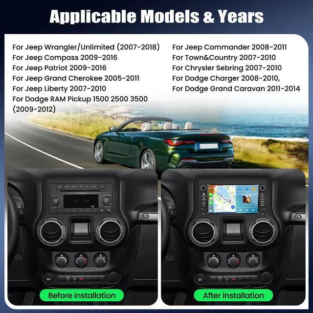 Alt view image 2 of 6 - 4+64G Android Car Stereo Radio for Jeep Wrangler JK 2007-2018 Dodge RAM 1500 2009-2012 with Wireless CarPlay Android Auto Backup Camera 7 Inch Touchscreen GPS Bluetooth FM WiFi EQ SWC USB Type-C