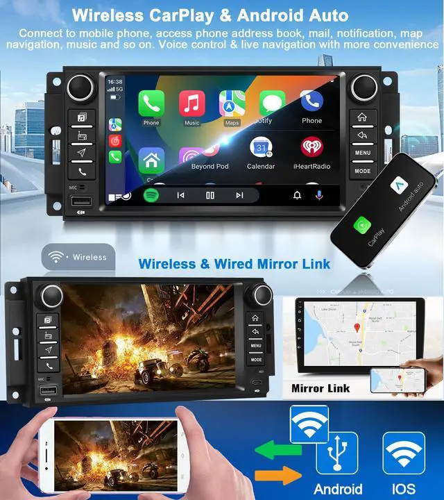 Alt view image 3 of 6 - 4+64G Android Car Stereo Radio for Jeep Wrangler JK 2007-2018 Dodge RAM 1500 2009-2012 with Wireless CarPlay Android Auto Backup Camera 7 Inch Touchscreen GPS Bluetooth FM WiFi EQ SWC USB Type-C
