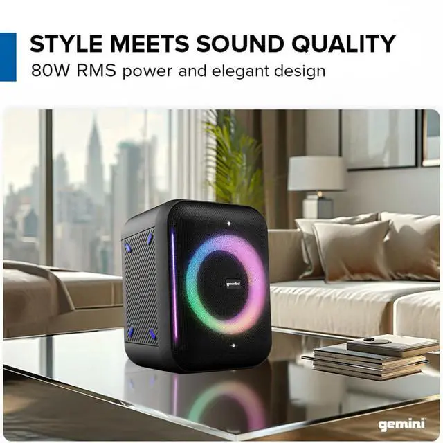 Alt view image 2 of 6 - Gemini Portable Party Speaker, LED Lights, Wireless Mic, 10-Hr (GRV-650L) | Party speaker, 6.5" + dual 2" - 9-mode LED light show - wireless mic incl - up to 10 hr - Bluetooth