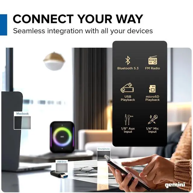 Alt view image 4 of 6 - Gemini Portable Party Speaker, LED Lights, Wireless Mic, 10-Hr (GRV-650L) | Party speaker, 6.5" + dual 2" - 9-mode LED light show - wireless mic incl - up to 10 hr - Bluetooth
