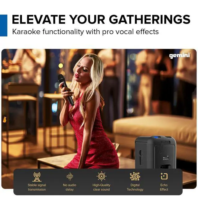 Alt view image 5 of 6 - Gemini Portable Party Speaker, LED Lights, Wireless Mic, 10-Hr (GRV-650L) | Party speaker, 6.5" + dual 2" - 9-mode LED light show - wireless mic incl - up to 10 hr - Bluetooth