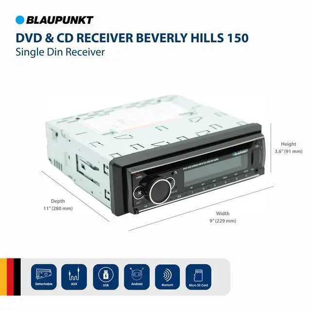 Alt view image 2 of 6 - Beverly Hills 150 Multimedia Car Stereo - 120W Peak Power, Bluetooth Connectivity, Hands-Free Calling, Detachable Faceplate, DVD & CD Receiver, USB/SD, AM/FM, Remote Control - Black