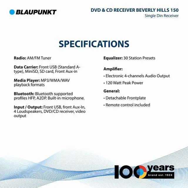 Alt view image 3 of 6 - Beverly Hills 150 Multimedia Car Stereo - 120W Peak Power, Bluetooth Connectivity, Hands-Free Calling, Detachable Faceplate, DVD & CD Receiver, USB/SD, AM/FM, Remote Control - Black