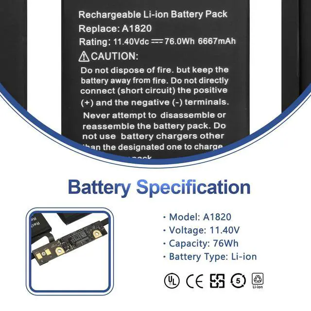 Alt view image 2 of 6 - A1707 Battery Replacement, A1820 Battery for MacBook Pro 15" (Late 2016, Mid 2017) Touch Bar EMC 3072 EMC 3162 MLH32 MLH42 MLW72 MLW82 MPTR2 MPTT2 MLH52 MLW92 MPTU2 MPTV2 MPTW2 MPTX2