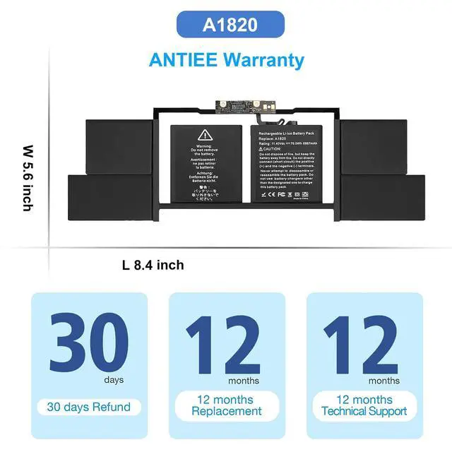 Alt view image 6 of 6 - A1707 Battery Replacement, A1820 Battery for MacBook Pro 15" (Late 2016, Mid 2017) Touch Bar EMC 3072 EMC 3162 MLH32 MLH42 MLW72 MLW82 MPTR2 MPTT2 MLH52 MLW92 MPTU2 MPTV2 MPTW2 MPTX2