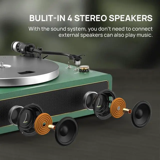 Alt view image 2 of 6 - Turntable Record Player with Built-in Speakers, Vinyl Record Player Support Bluetooth Playback Auto Stop 33&45 RPM Speed RCA Line Out AUX in All-in-one Belt-Drive Turntable for Vinyl Records