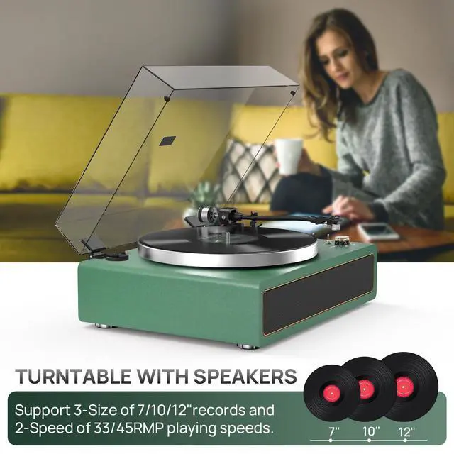Alt view image 5 of 6 - Turntable Record Player with Built-in Speakers, Vinyl Record Player Support Bluetooth Playback Auto Stop 33&45 RPM Speed RCA Line Out AUX in All-in-one Belt-Drive Turntable for Vinyl Records